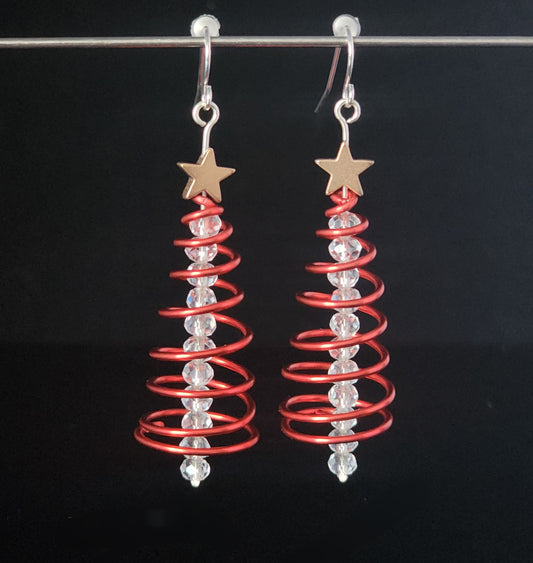 Spiral Red Christmas Tree White Beads Earrings