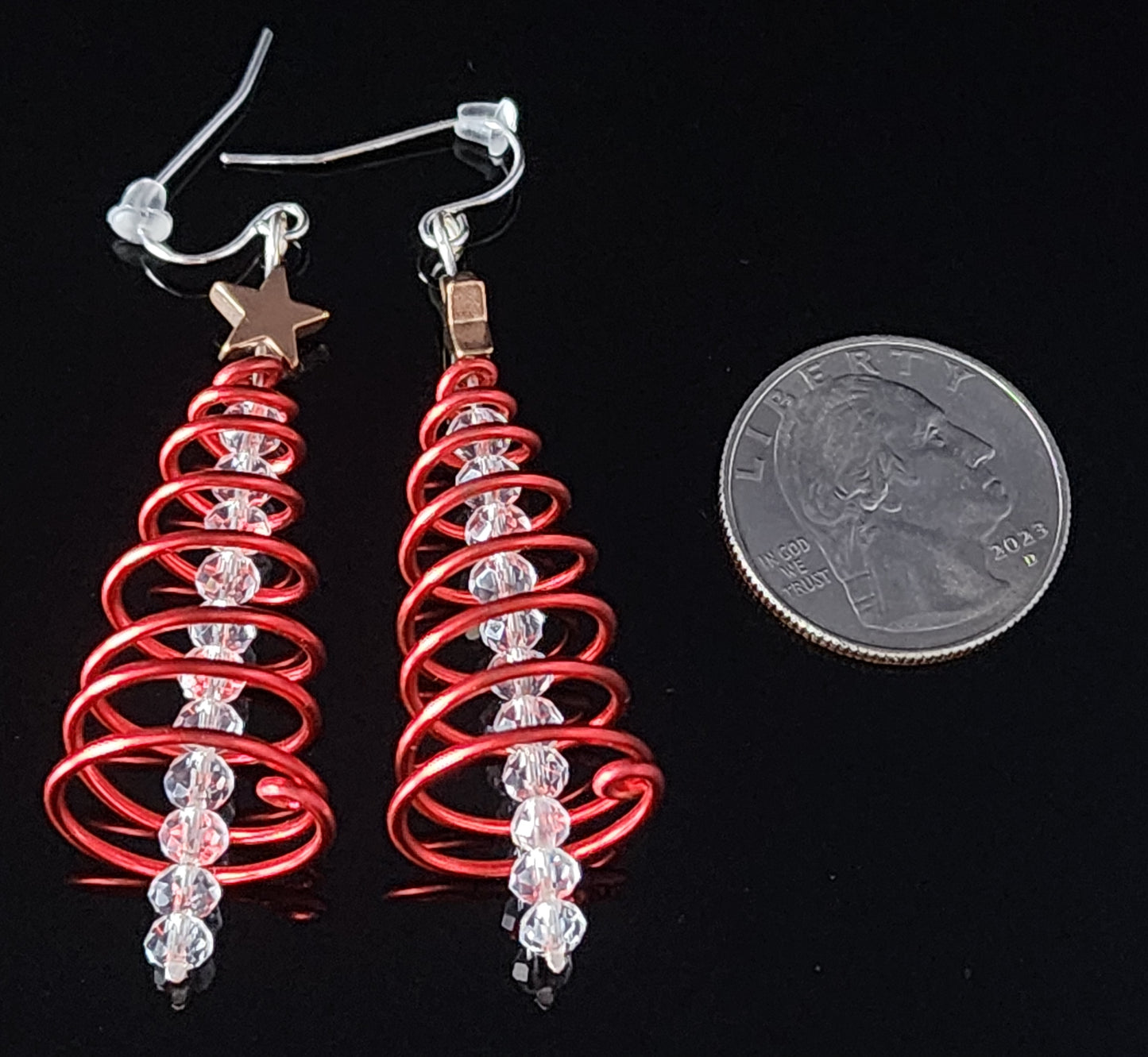 Spiral Red Christmas Tree White Beads Earrings