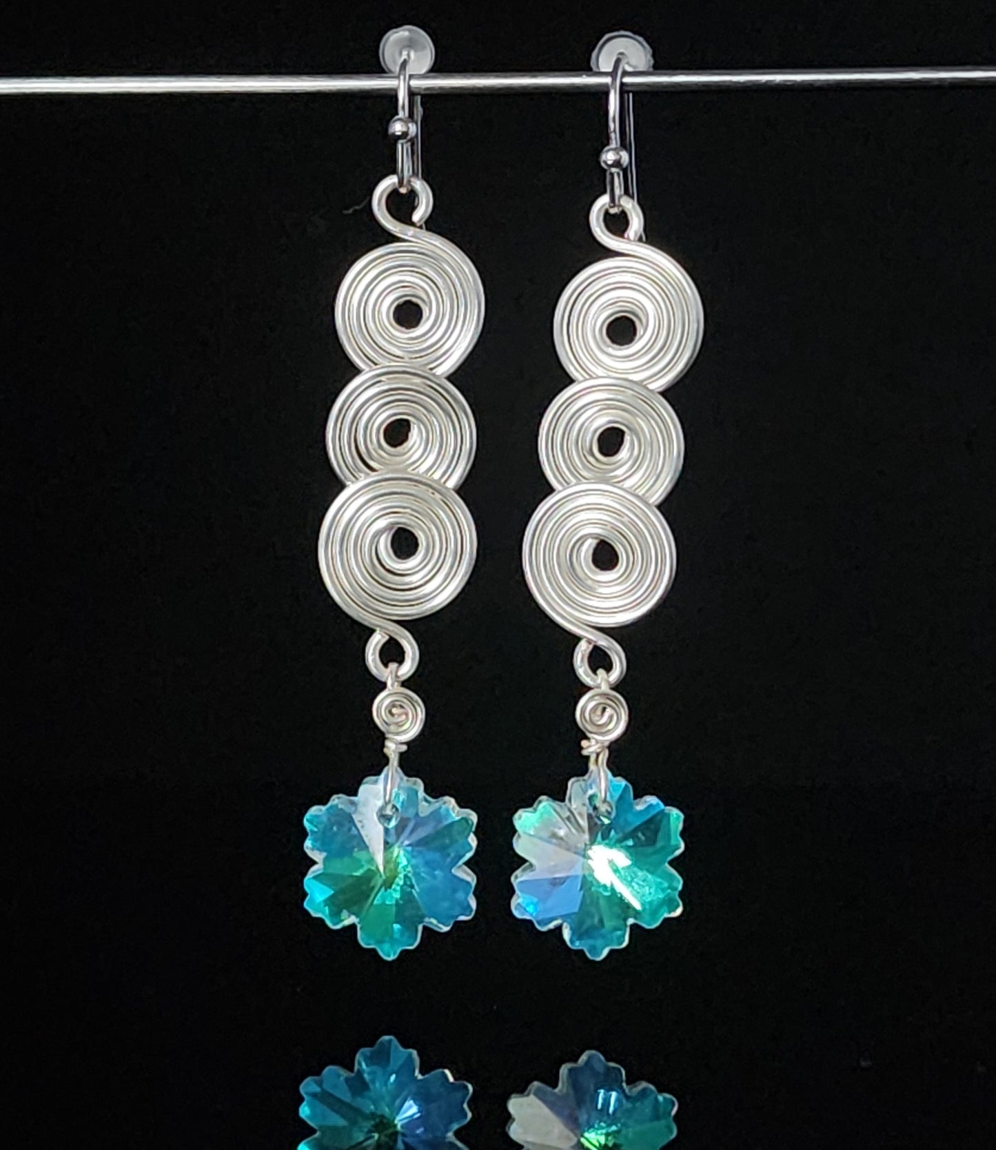 Crystal Snowflake Three Spiral Silver Earrings