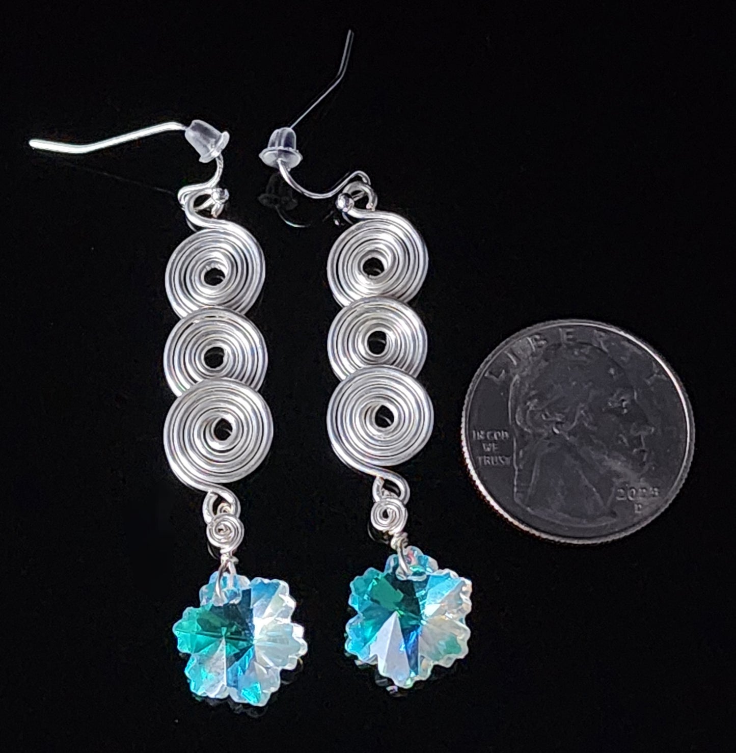 Crystal Snowflake Three Spiral Silver Earrings