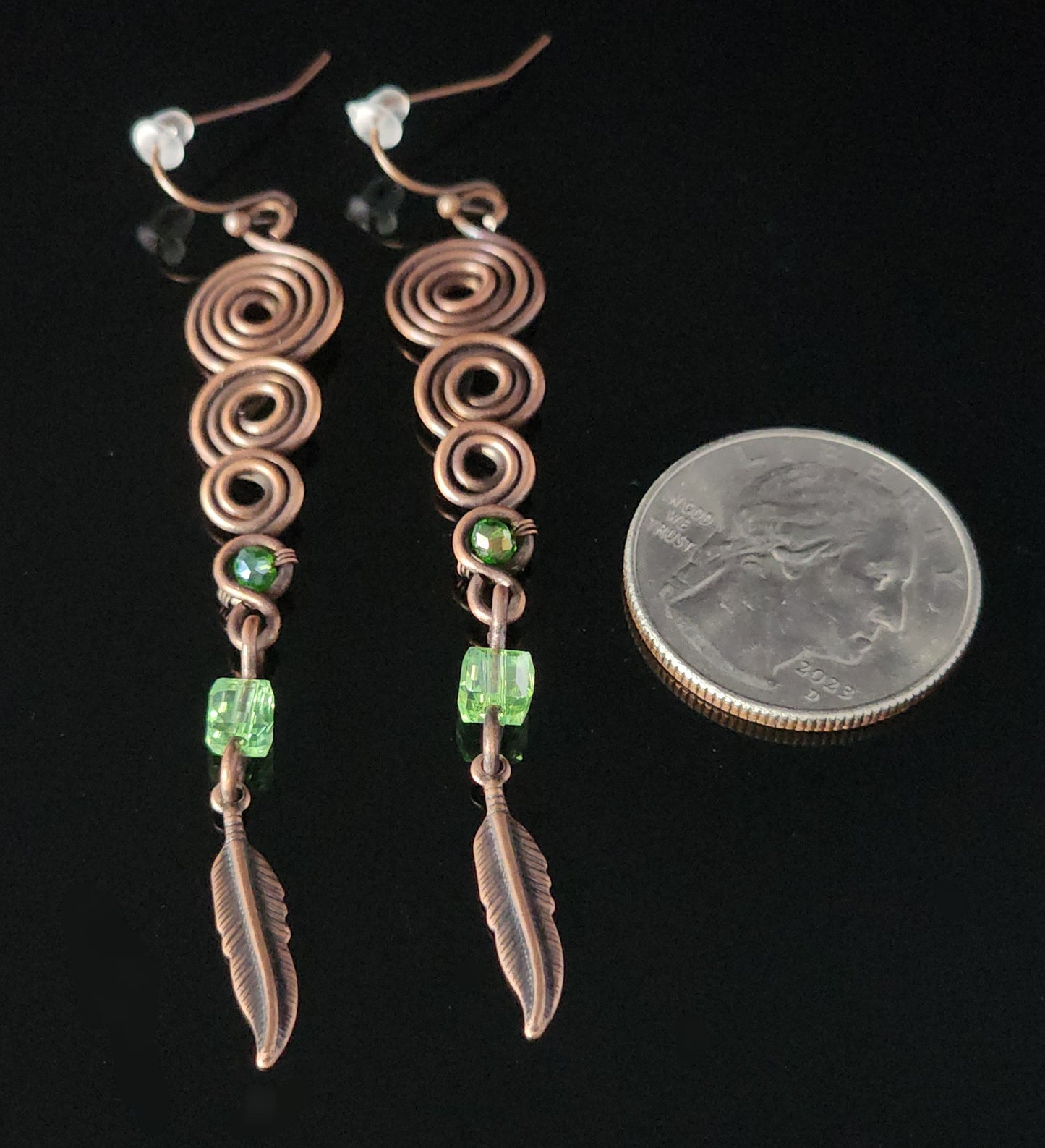 " Feather " Copper and Green Earrings