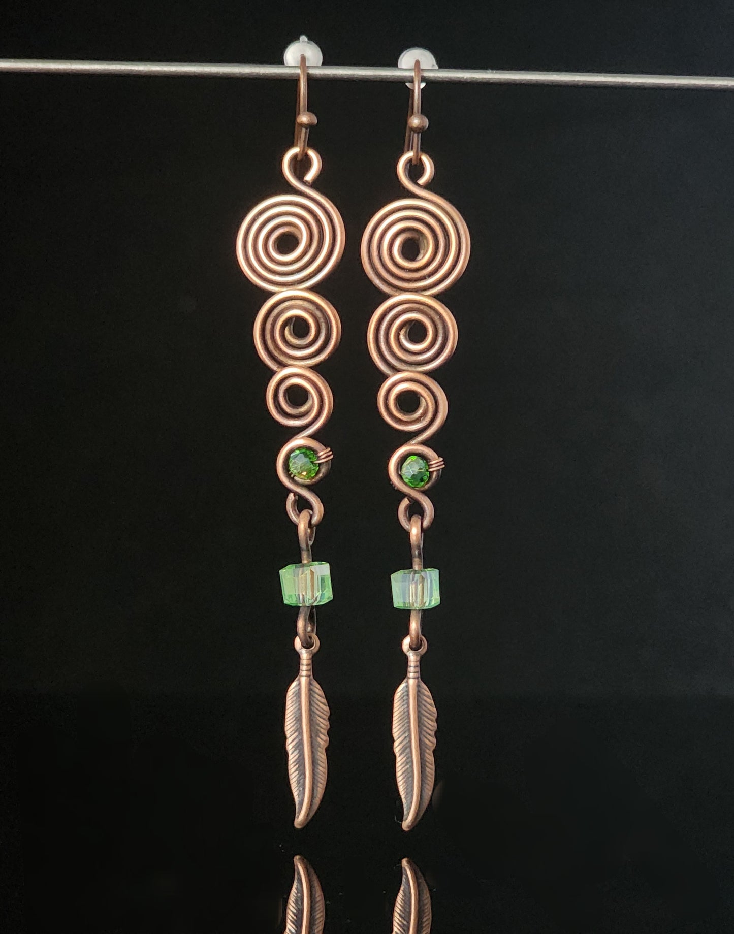 " Feather " Copper and Green Earrings