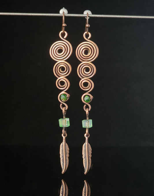 " Feather " Copper and Green Earrings