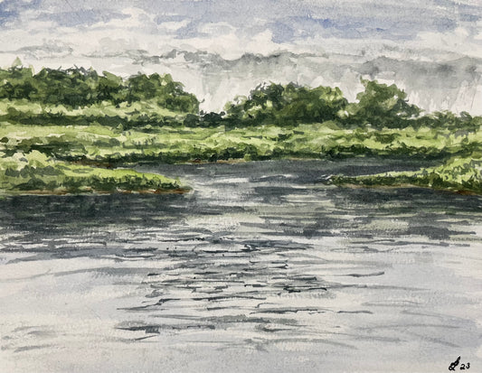 watercolor and ink painting depicting the laramie river. the hint of the mountains in the background gives depth while the green surrounding the water gives the feel of early spring.  ripples in the water let you know the water is in motion.