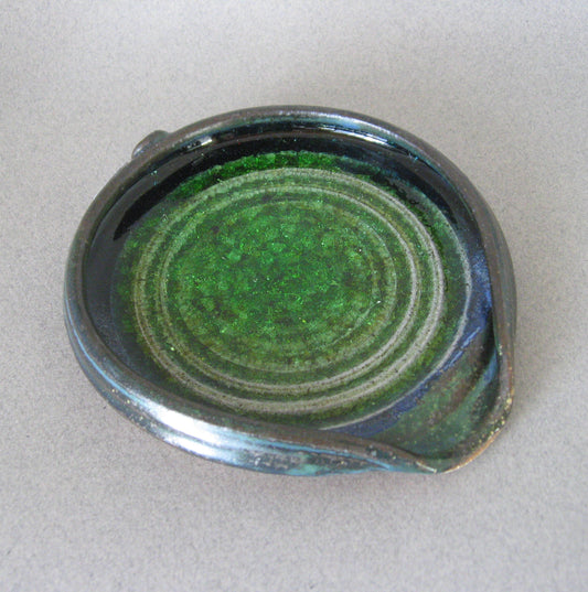 " Spoon Rest " Blue Glaze with Green Melted Glass