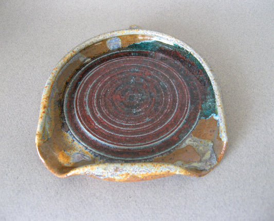 " Double Spoon Rest " Brown Glaze with Red and Green Melted Glass