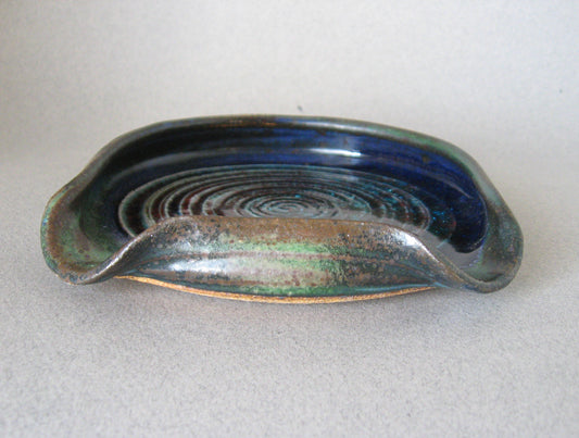 " Double Spoon Rest " Green Glaze with Red and Blue Melted Glass