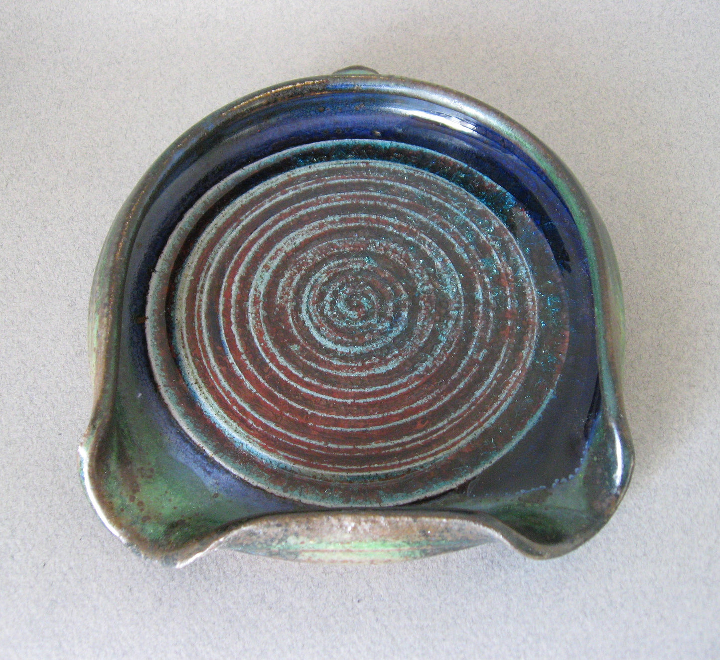 " Double Spoon Rest " Green Glaze with Red and Blue Melted Glass