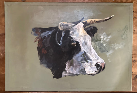 Large Floorcloth - Horned Black Baldy Cow