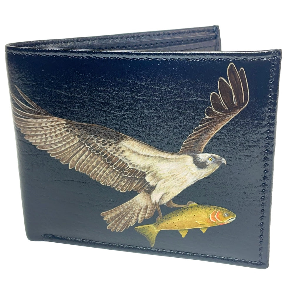 Osprey in Flight caught a Cutthroat Trout on Black Bi-Fold Wallet