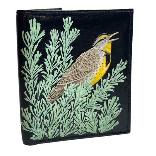 "Meadowlark Perched in Sagebrush" on Black TALL Bi-Fold Wallet