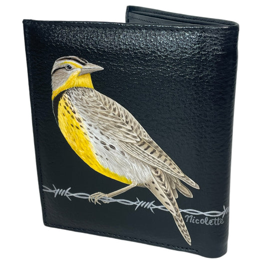 "Meadowlark Pair on Barbed Wire" on Black TALL Bi-Fold Wallet