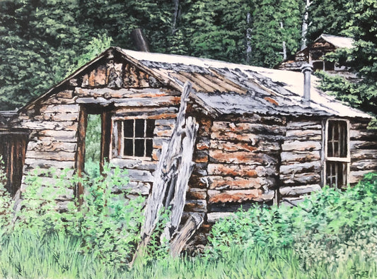 original oil painting of the old cabin in the woods just outside of Albany Wyoming.  The detail of the trees, wood sides, and grass make this piece look almost like a photograph. stovepipe for the woodburning stove is still attached above the roof of the cabin.