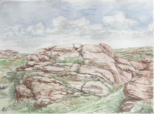 watercolor and ink painting of fun rock formations just south of Laramie Wyoming in Tie Siding.  These rocks are similar to those found in Vedauwoo Wyoming