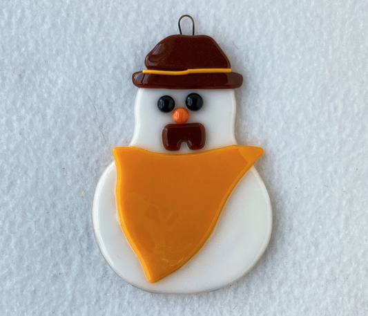 " Wyoming Cowboy Snowman " Fused Glass Snowman Ornament