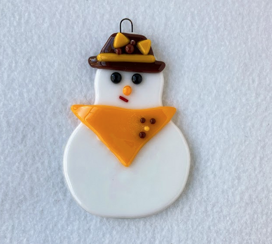 " Wyoming Cowgirl Snowman " Fused Glass Snowman Ornament