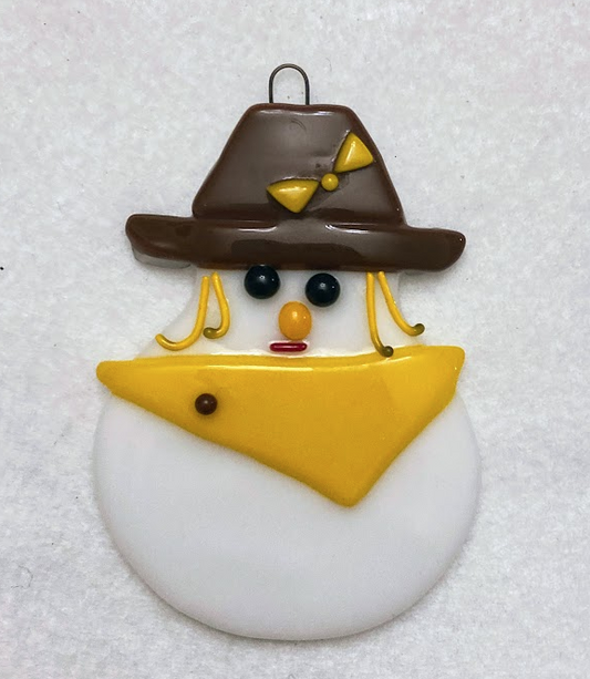 " Wyoming Cowgirl Snowman " Fused Glass Snowman Ornament