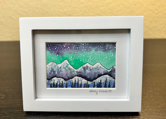 " Starry Night" Original Watercolor Miniature in White Frame