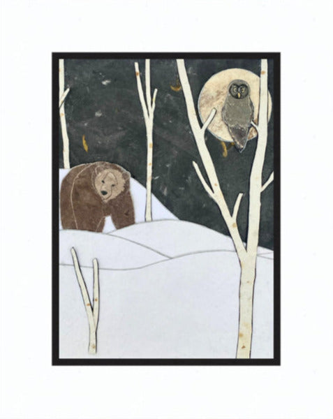 " Snowy Night Gray Owl and Grizzly " Paper Collage Art