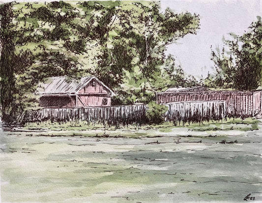 watercolor and ink painting of two wooden buildings near Optimist Park in Laramie Wyoming.  wooden fence around the side of the buildings with large trees surrounding them