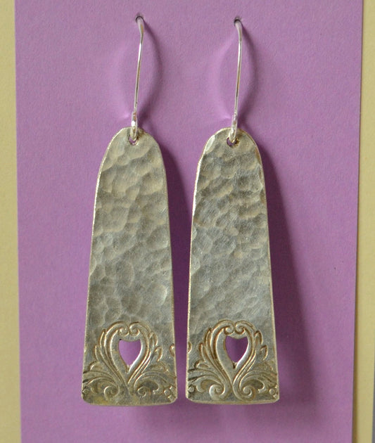 Hammered Silver Plate Triangles with Embossed Design and Heart Holes- Recycled Silver Plate with Sterling Silver Wire