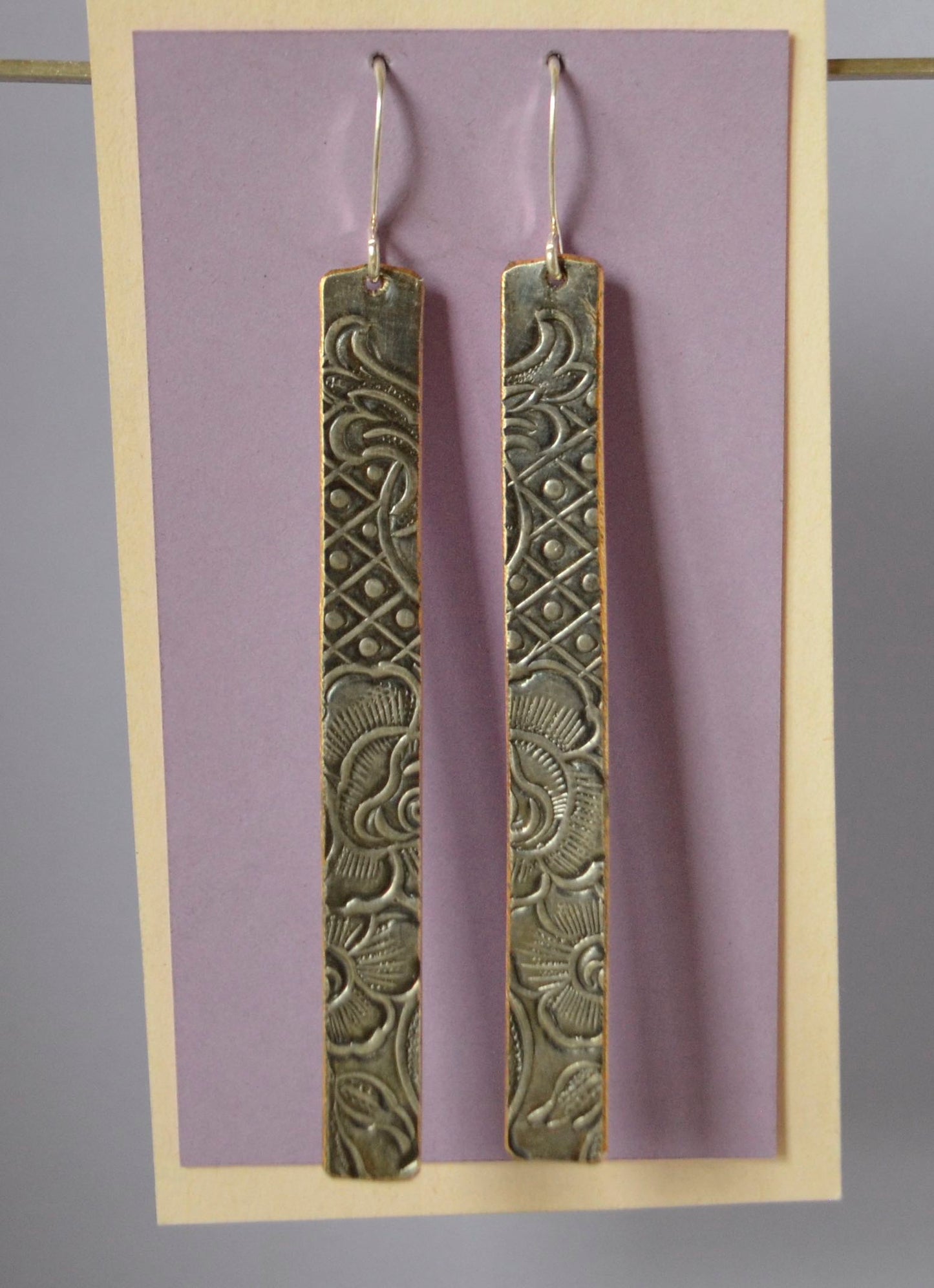 Embossed Silver Plate Strips with Floral Designs and Oxidized Patina - Recycled Silver Plate with Sterling Silver Long Wire