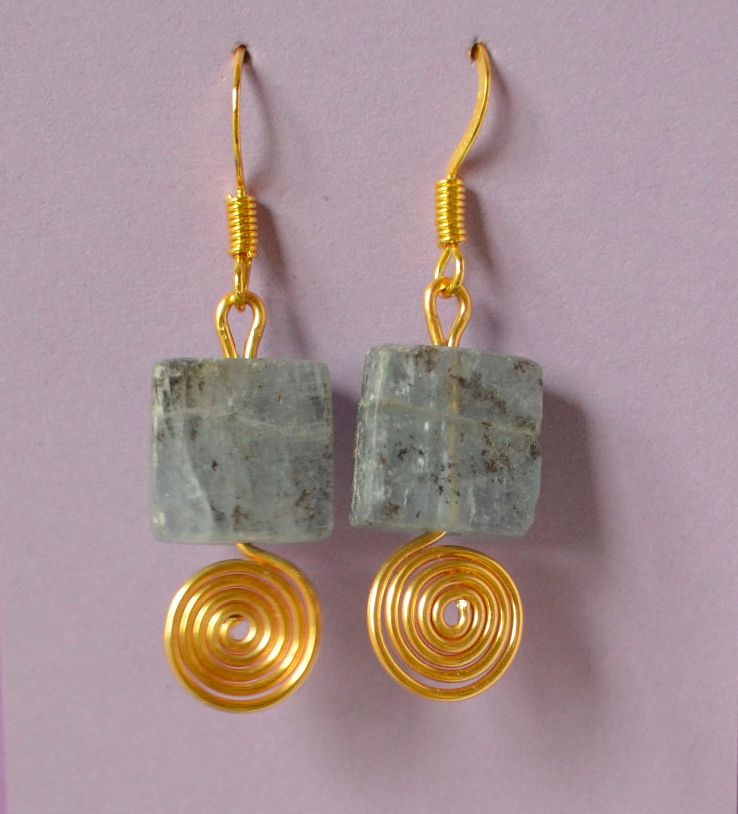 Sage Square Kyanite Stones with Gold Plated Spirals on Gold Plated Wires