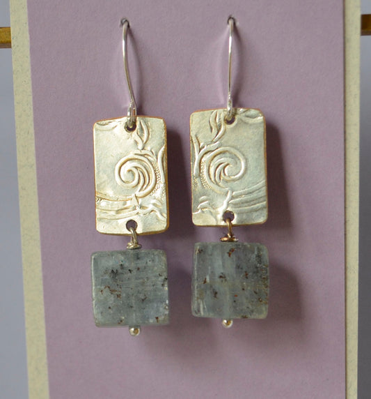 Sage Square Kyanite Stones on Embossed Silver Plate with Sterling Silver Wire