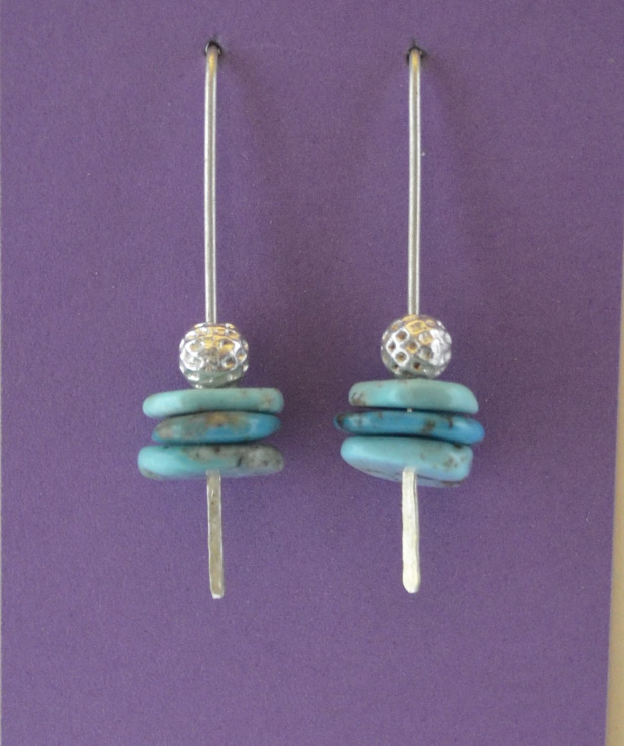 Turquoise Wafers Floating with Silver Ball  on Sterling Silver Wire With Hammered Bottom