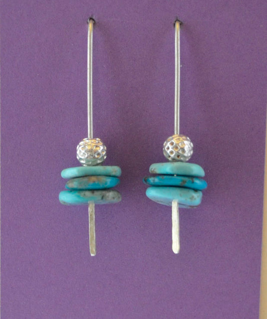 Turquoise Wafers Floating with Silver Ball  on Sterling Silver Wire With Hammered Bottom