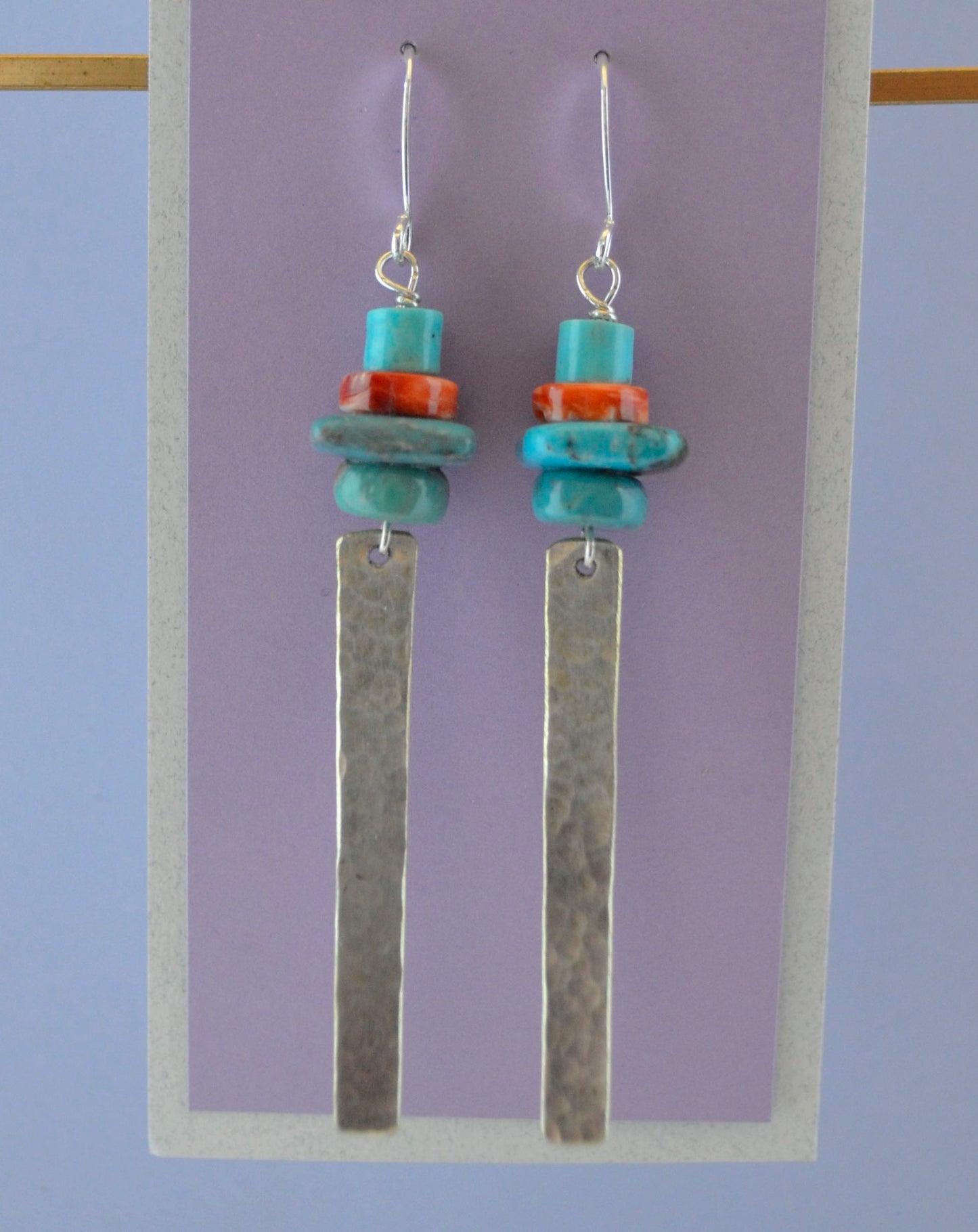 Mixed Turquoise: Kingman and Chinese Hubei with Orange Spiny Oyster Shell on Hammered Silver Plate Strips on Sterling Silver Wire