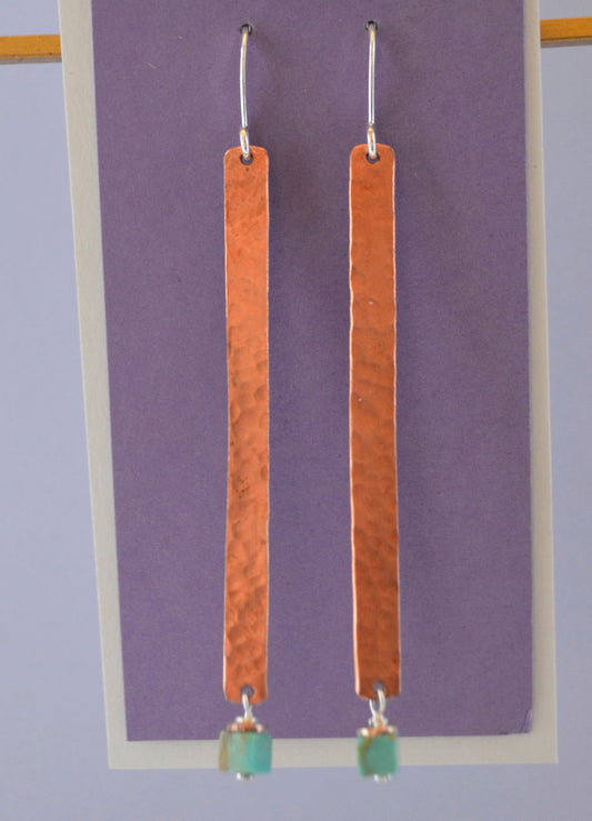 Kingman Square Heishi  on Hammered Copper Strips Recycled Silver Plate with Sterling Silver Wire