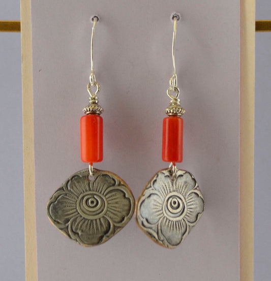 Red Coral Tubes on Embossed Silver Plate Flowers - Recycled Silver Plate with Sterling Silver Wire