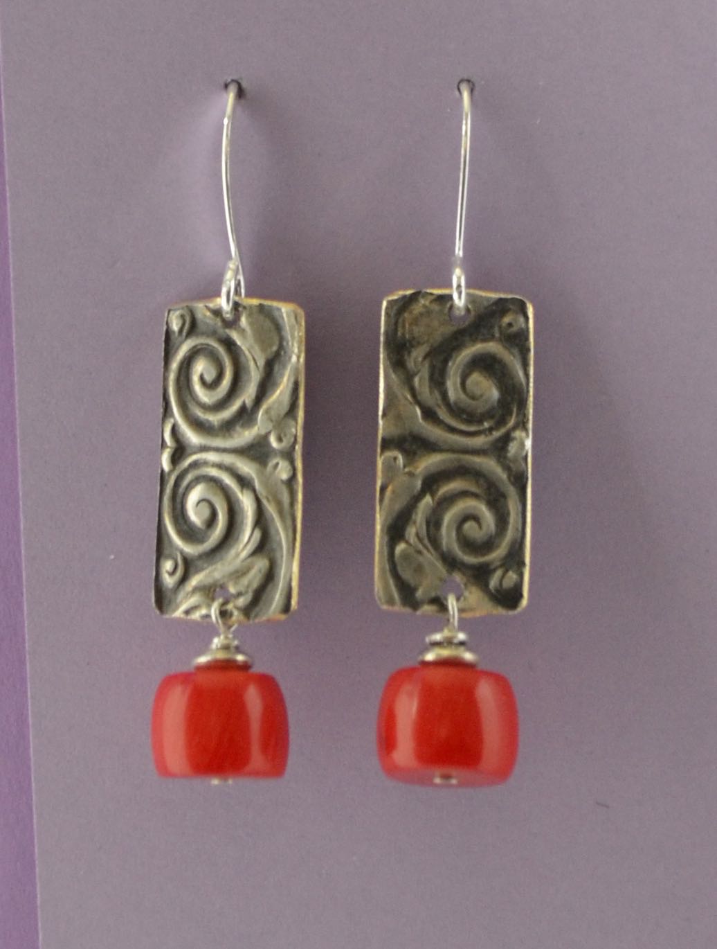 Red Branch Coral Pillows on Embossed Silver Plate with Two Spirals with Sterling Silver Wire