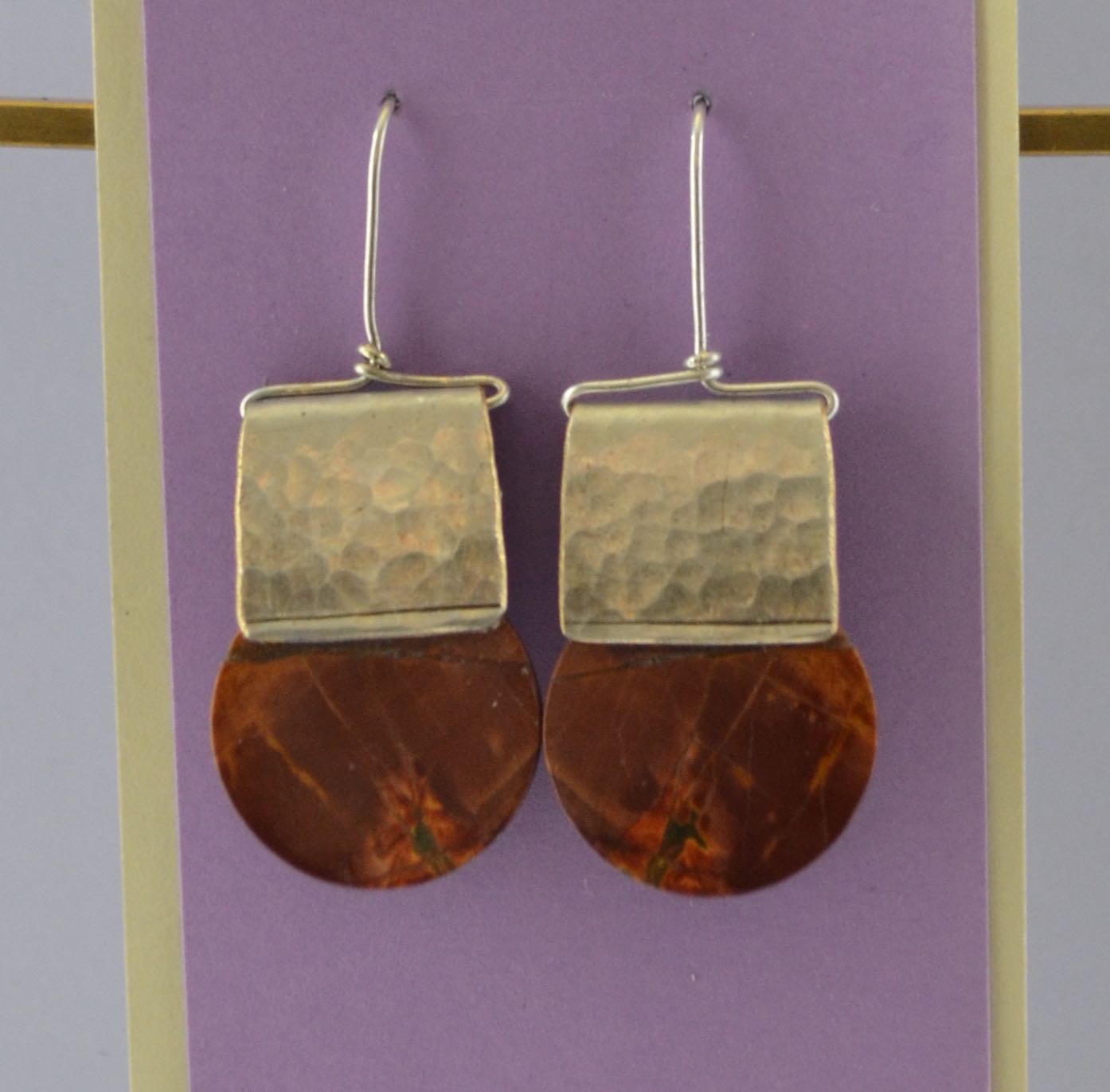 Red Creek Jasper Coin Stones on Hammered Silver Plate  with Sterling Silver Wire