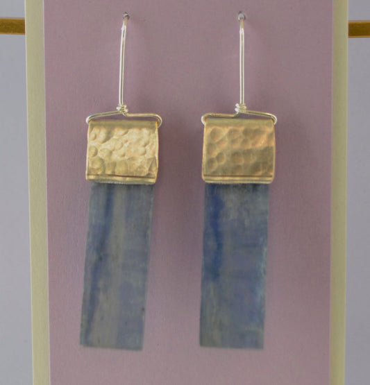 Blue Kyanite Rectangle on Hammered Silver Plate edging - Recycled Silver Plate on Sterling Silver Wire