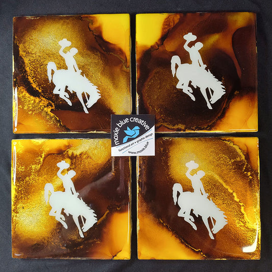 " Steamboat " White Bucking Horse with Brown and Gold Background Coasters Set of 4