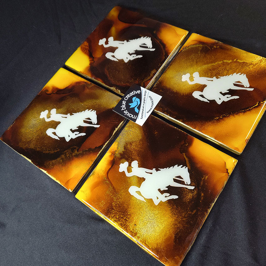 " Steamboat " White Bucking Horse with Brown and Gold Background Coasters Set of 4