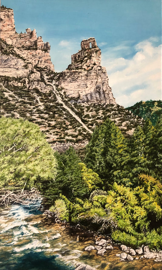 original oil painting of " The Eye " rock formation in the Toungue River Canyon of the Bigh Horn Mountiains of Wyoming