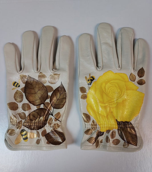 Yellow Rose, Gold Leaf and Bumblebees on Cream Small Leather Gloves