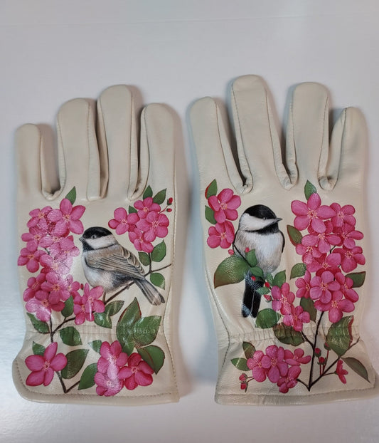 " Thunderchild " Chickadees and Crabapple Blossoms on Cream Medium Leather Gloves