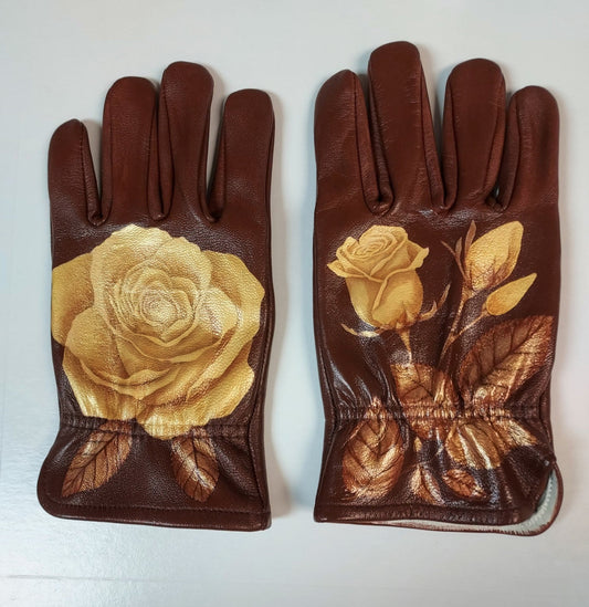 Yellow Rose and Rose Buds on Brown Medium Leather Gloves