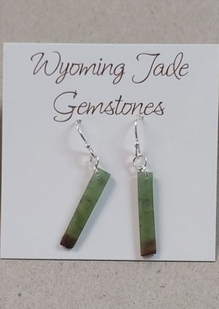 live edge stick earrings from wyoming jade. green color. sterling silver ear wires
