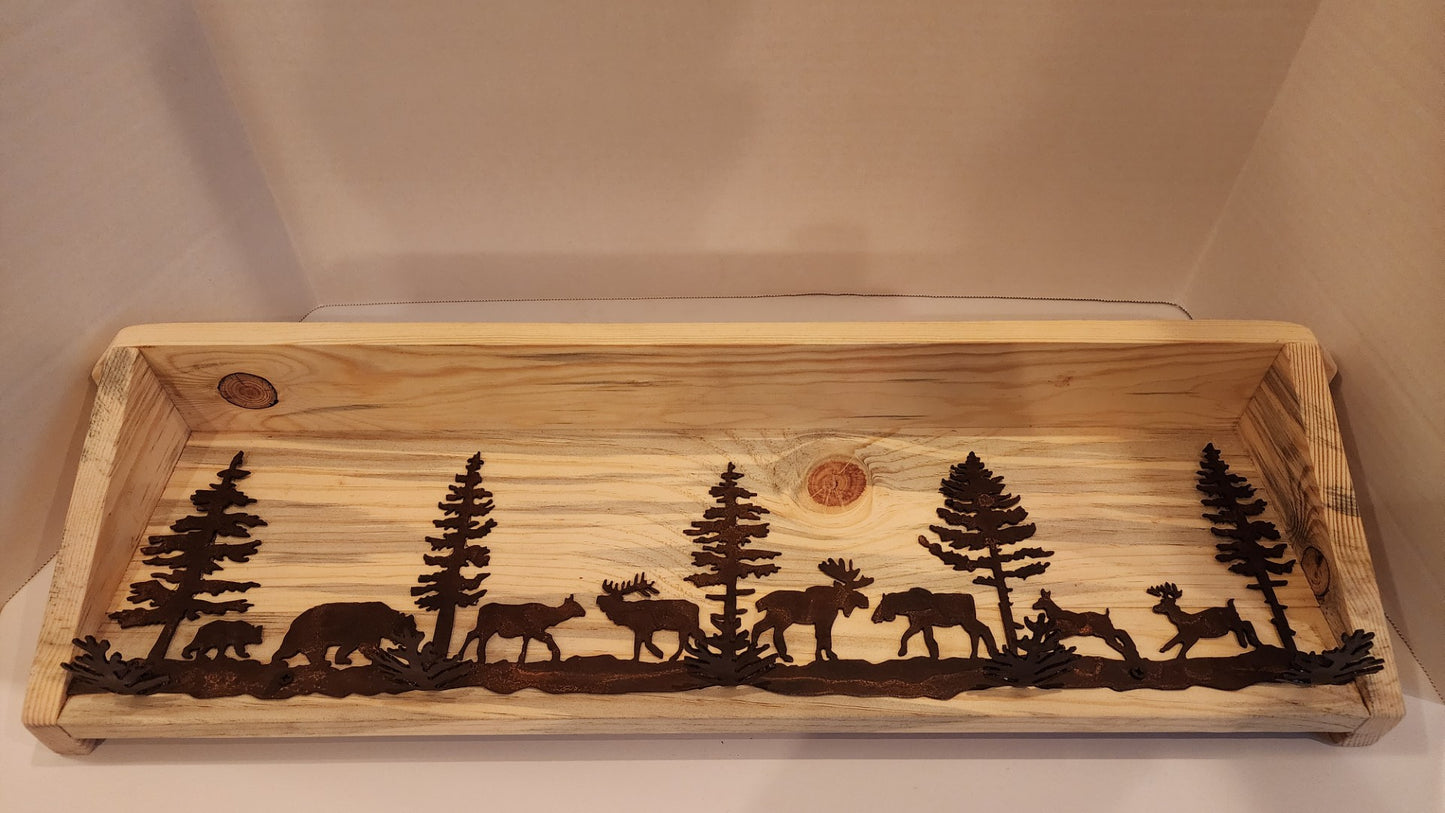 Woodland Animal Scene Metal and Wood Shelf Coat Rack