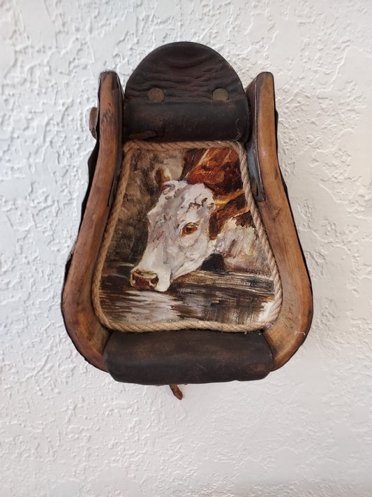 " Cow Drinking " Original Oil in Western Stirrup