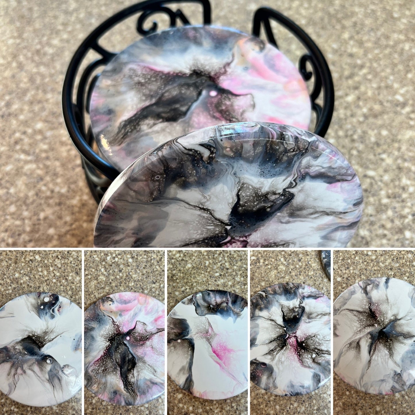 "Pink Black Gray and White" Set Of 5 Coasters with Holder