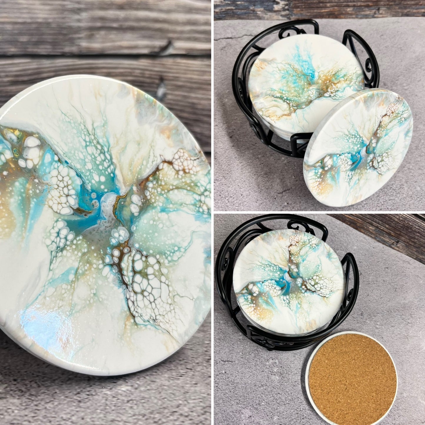 "Blue Black and Gray" Set Of 5 Coasters with Holder