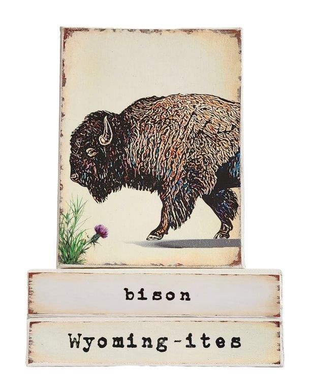 " Bison Wyoming-ites" Canvas Print Artist: Catherine Holt  Print on canvas with wooden framework   Copy from artists original artwork   The Bison is Wyoming's state mammal and on the Wyoming Flag  Bison in Yellowstone, draw a huge crowd!&nbsp;  The Indian Paintbrush in the lower left&nbsp; ,is Wyoming's State Flower.  Colorful bison with thistle in lower left   Bison label on one side and Wyoming-ites label on the other  Edge is painted brown  6" long x 8" high x 1 1/2" wide  Signed&nbsp; by the artist