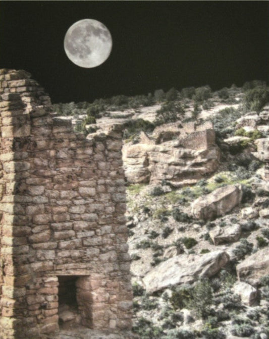 Matted color photograph of the Hovenweep House in the Hovenweep National Monument in Utah  Full moon stands bright in the night sky above the rock house  Dark brown colored matting around the print  8" long x 10" high print  11" long x 14" high as matted  In a plastic sleeve and on sturdy foam board for added protection  Ready for a frame or to be displayed on an easel