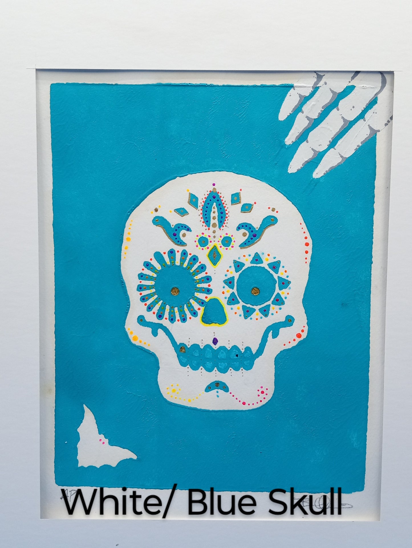 Hand Colored Matted Linocut Print Skull